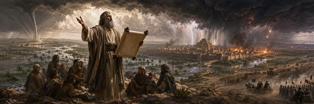 Ezra proclaims judgment while storms, armies, flooding, and fire converge upon ancient Babylon and the surrounding lands